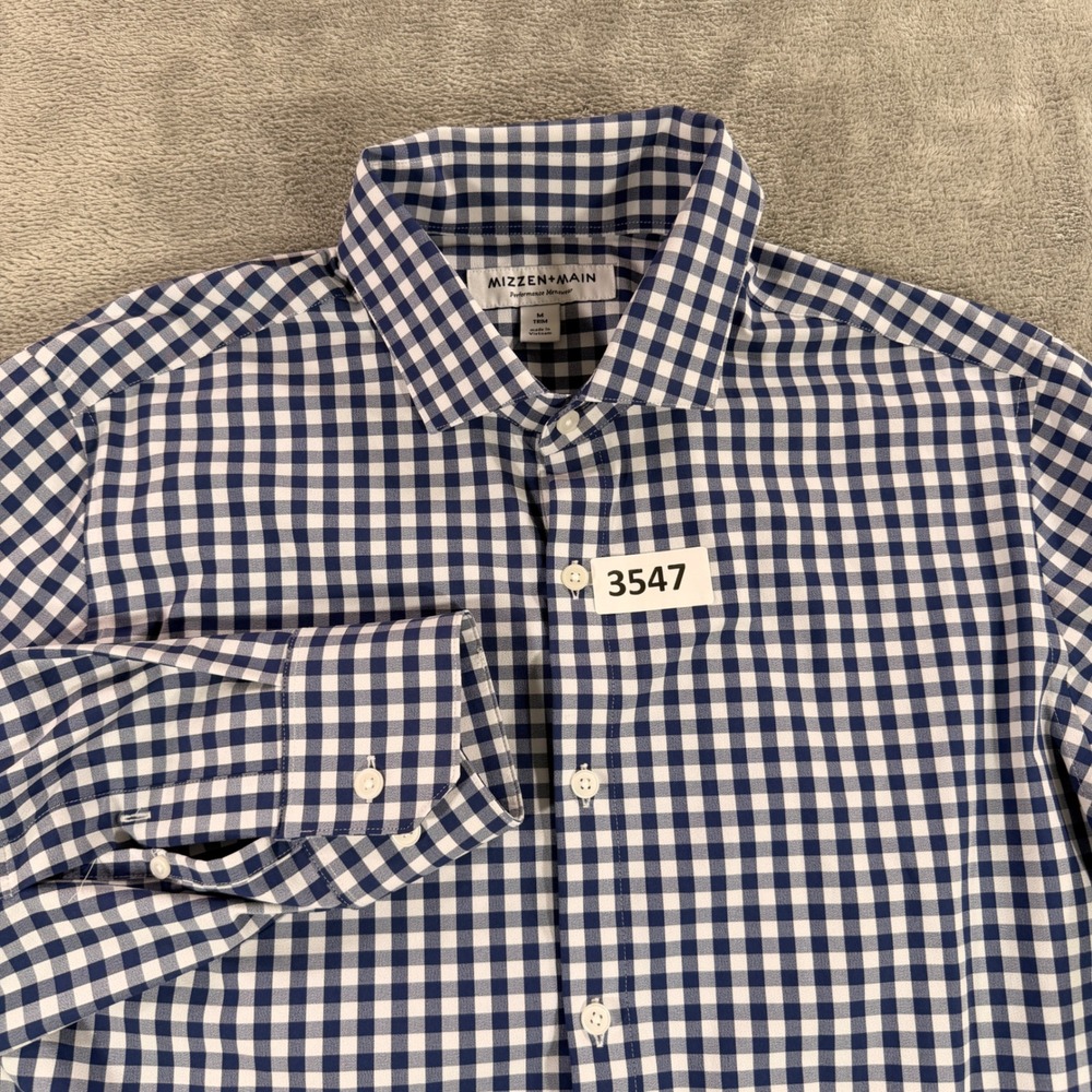 Mizzen+Main Dress Shirt Mens M Blue Gingham Trim Fit Performance Barn Cottage